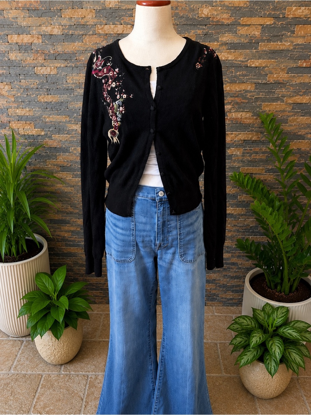 Lucky brand angora/wool embroidered Button-Front Cardigan